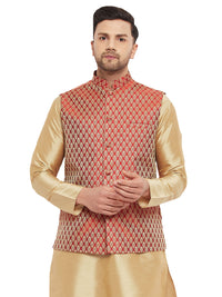 Thumbnail for VM by Vastramay Men's Maroon Silk Blend Nehru Jacket - Distacart