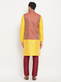 Thumbnail for VM by Vastramay Men's Yellow And Maroon Silk Blend Jacket, Kurta And Pyjama Set - Distacart