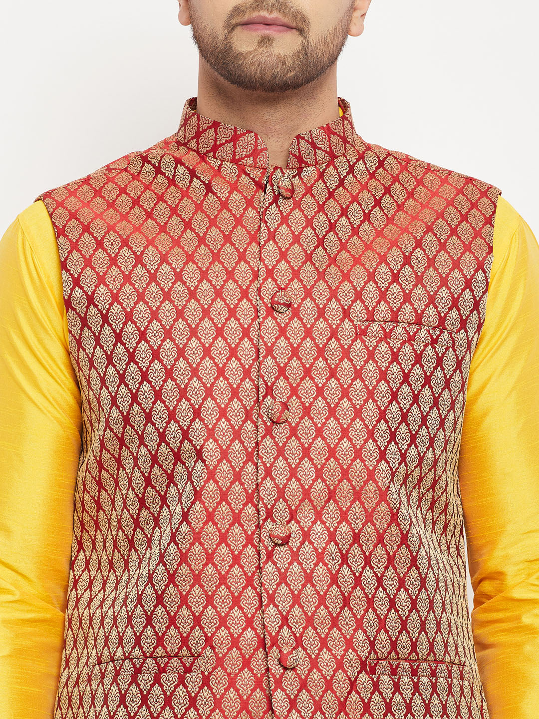VM by Vastramay Men's Yellow And Maroon Silk Blend Jacket, Kurta And Pyjama Set - Distacart