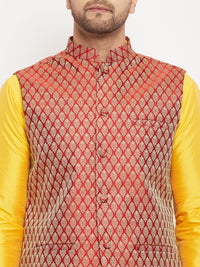 Thumbnail for VM by Vastramay Men's Yellow And Maroon Silk Blend Jacket, Kurta And Pyjama Set - Distacart