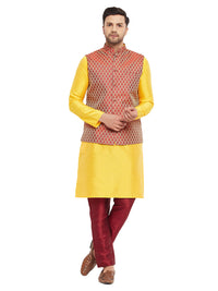 Thumbnail for VM by Vastramay Men's Yellow And Maroon Silk Blend Jacket, Kurta And Pyjama Set - Distacart