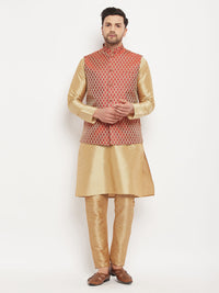 Thumbnail for VM by Vastramay Men's Maroon And Rose Gold Silk Blend Jacket, Kurta And Pyjama Set - Distacart