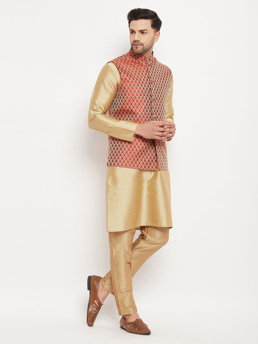 VM by Vastramay Men's Maroon And Rose Gold Silk Blend Jacket, Kurta And Pyjama Set - Distacart