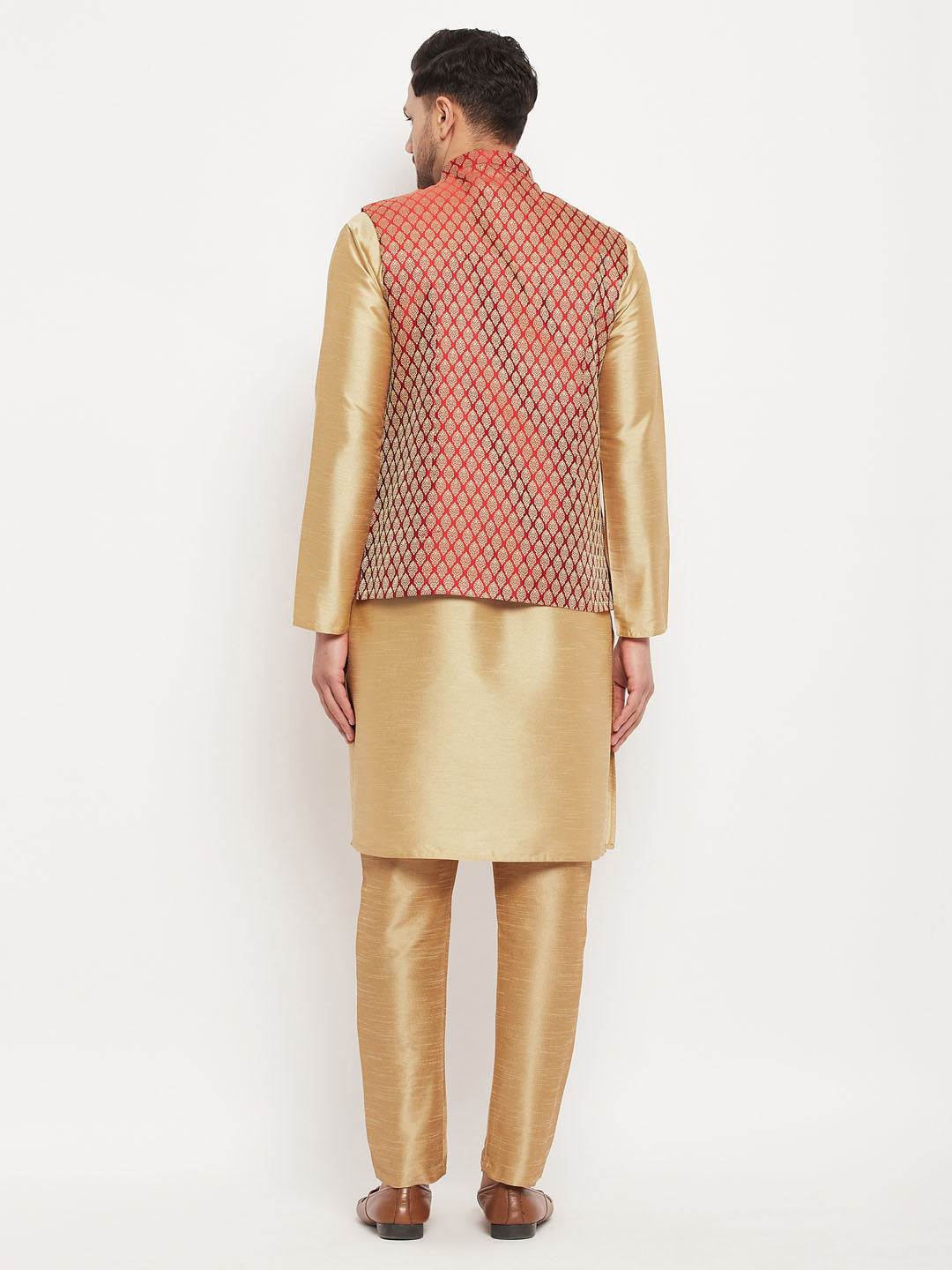 VM by Vastramay Men's Maroon And Rose Gold Silk Blend Jacket, Kurta And Pyjama Set - Distacart