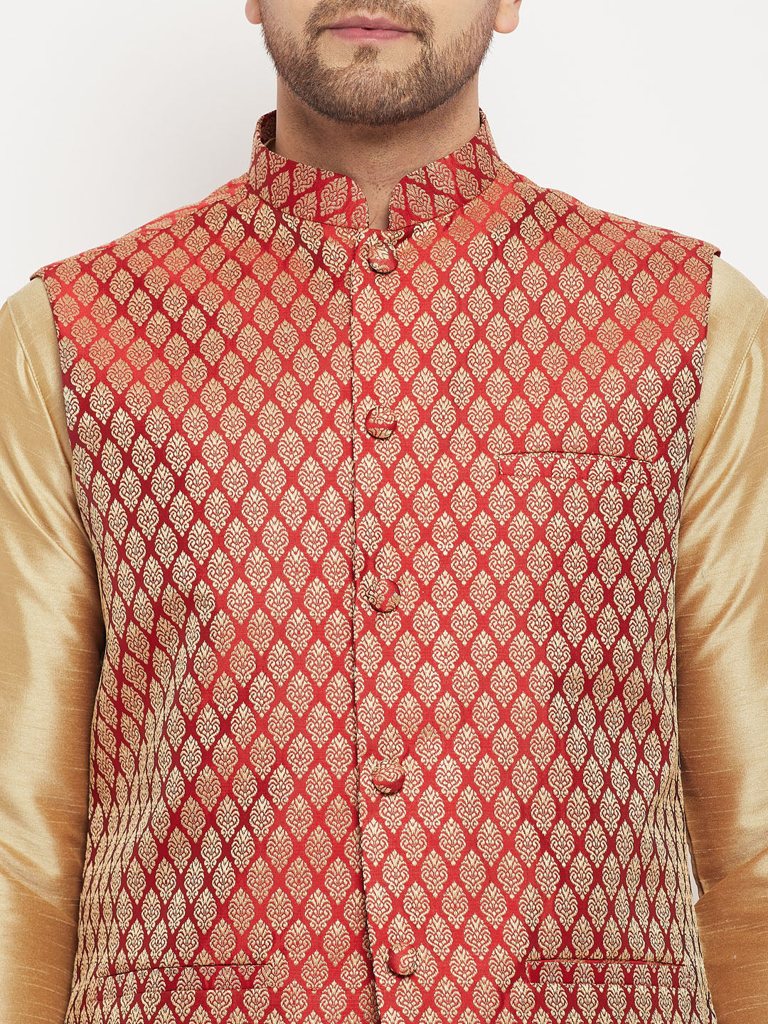VM by Vastramay Men's Maroon And Rose Gold Silk Blend Jacket, Kurta And Pyjama Set - Distacart