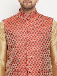 Thumbnail for VM by Vastramay Men's Maroon And Rose Gold Silk Blend Jacket, Kurta And Pyjama Set - Distacart