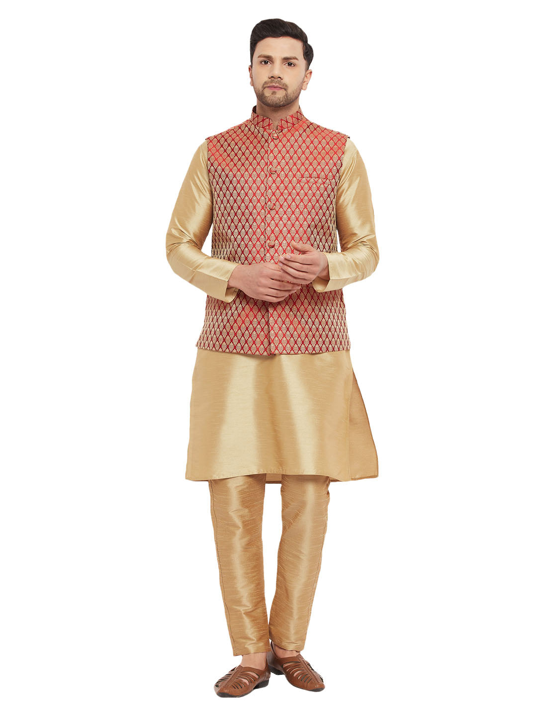 VM by Vastramay Men's Maroon And Rose Gold Silk Blend Jacket, Kurta And Pyjama Set - Distacart