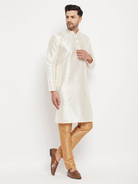 Thumbnail for VM by Vastramay Men's Cream And Rose Gold Silk Blend Kurta Pyjama Set - Distacart
