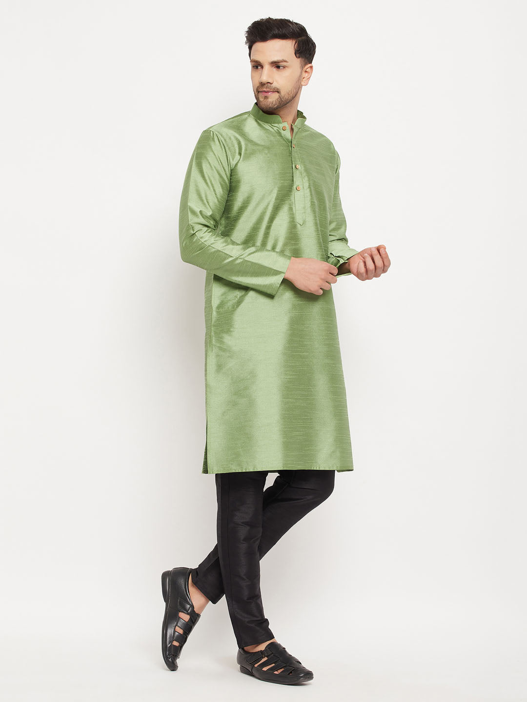 VM by Vastramay Men's Mint Green And Black Silk Blend Kurta Pyjama Set - Distacart