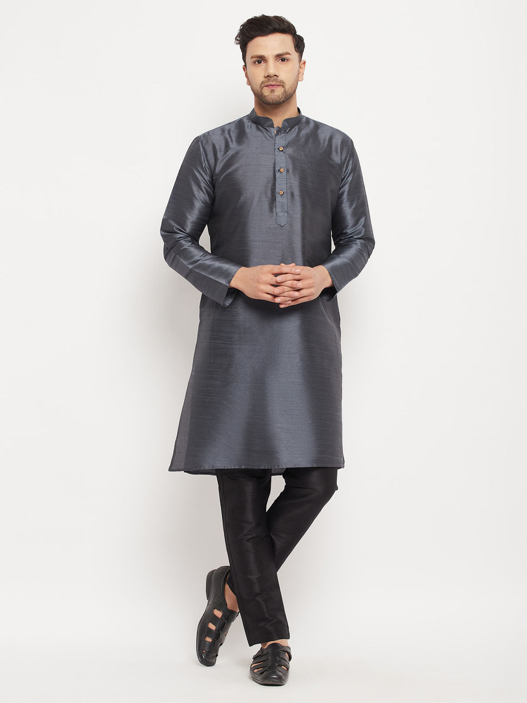 VM by Vastramay Men's Steel And Black Silk Blend Kurta Pyjama Set - Distacart