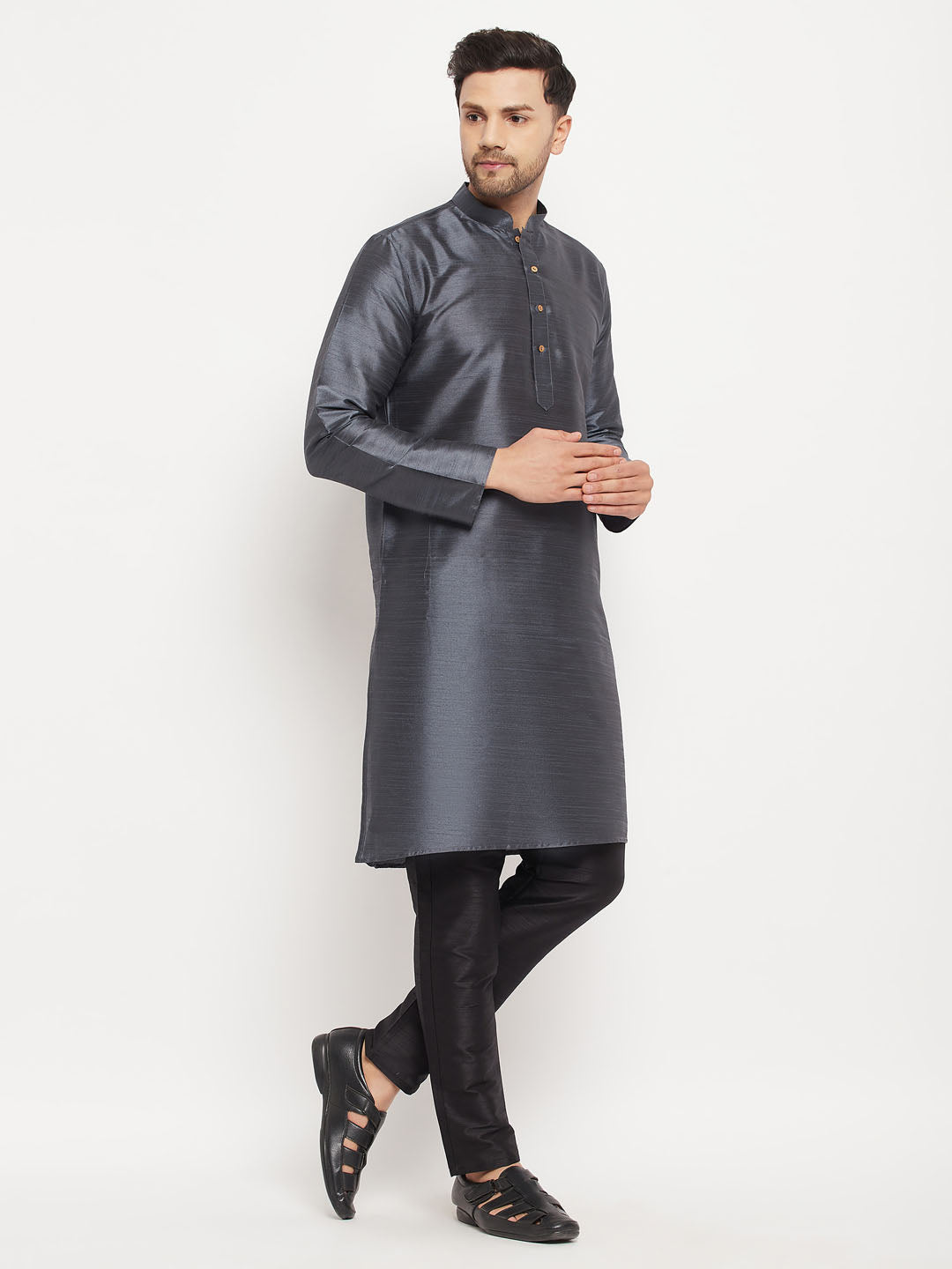 VM by Vastramay Men's Steel And Black Silk Blend Kurta Pyjama Set - Distacart