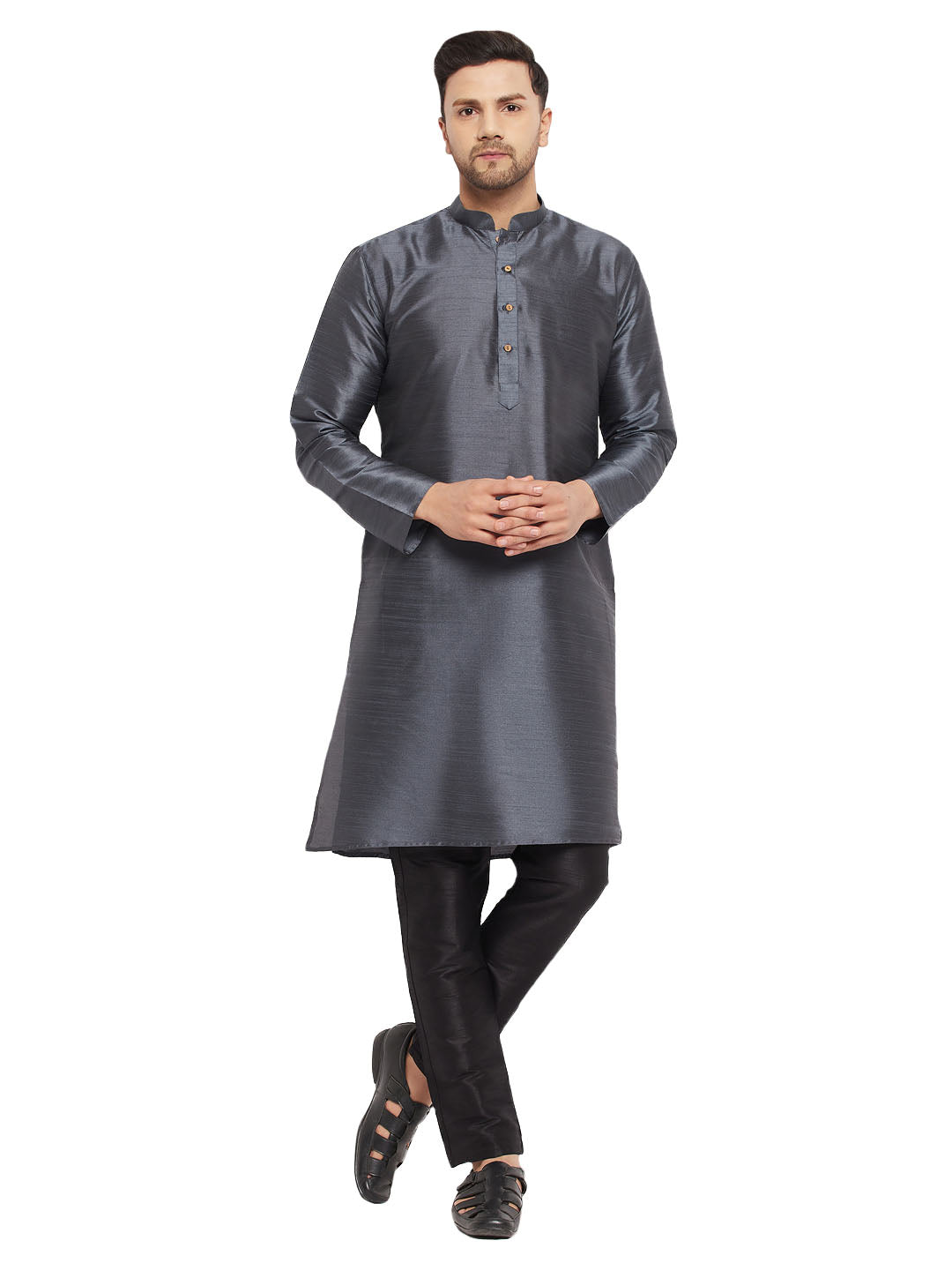 VM by Vastramay Men's Steel And Black Silk Blend Kurta Pyjama Set - Distacart