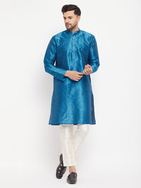 Thumbnail for VM by Vastramay Men's Turquoise And Cream Silk Blend Kurta Pyjama Set - Distacart
