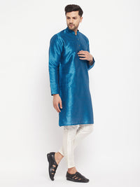 Thumbnail for VM by Vastramay Men's Turquoise And Cream Silk Blend Kurta Pyjama Set - Distacart