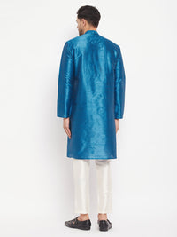 Thumbnail for VM by Vastramay Men's Turquoise And Cream Silk Blend Kurta Pyjama Set - Distacart
