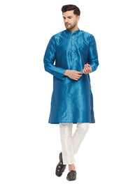 Thumbnail for VM by Vastramay Men's Turquoise And Cream Silk Blend Kurta Pyjama Set - Distacart