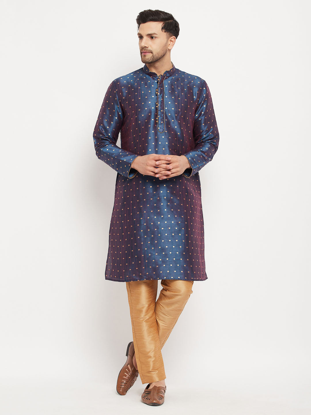 VM by Vastramay Men's Blue And Rose Gold Silk Blend Kurta Pyjama Set - Distacart