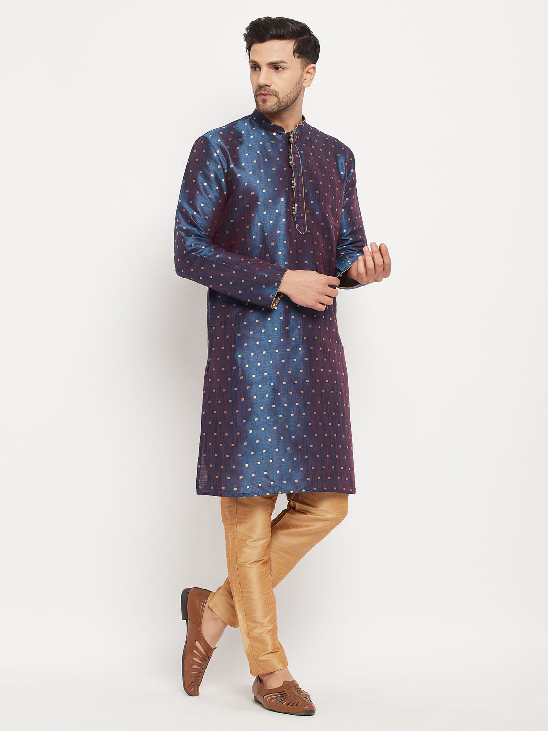 VM by Vastramay Men's Blue And Rose Gold Silk Blend Kurta Pyjama Set - Distacart