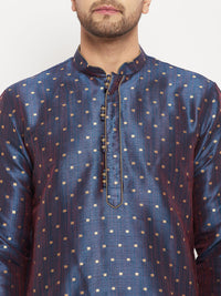 Thumbnail for VM by Vastramay Men's Blue And Rose Gold Silk Blend Kurta Pyjama Set - Distacart