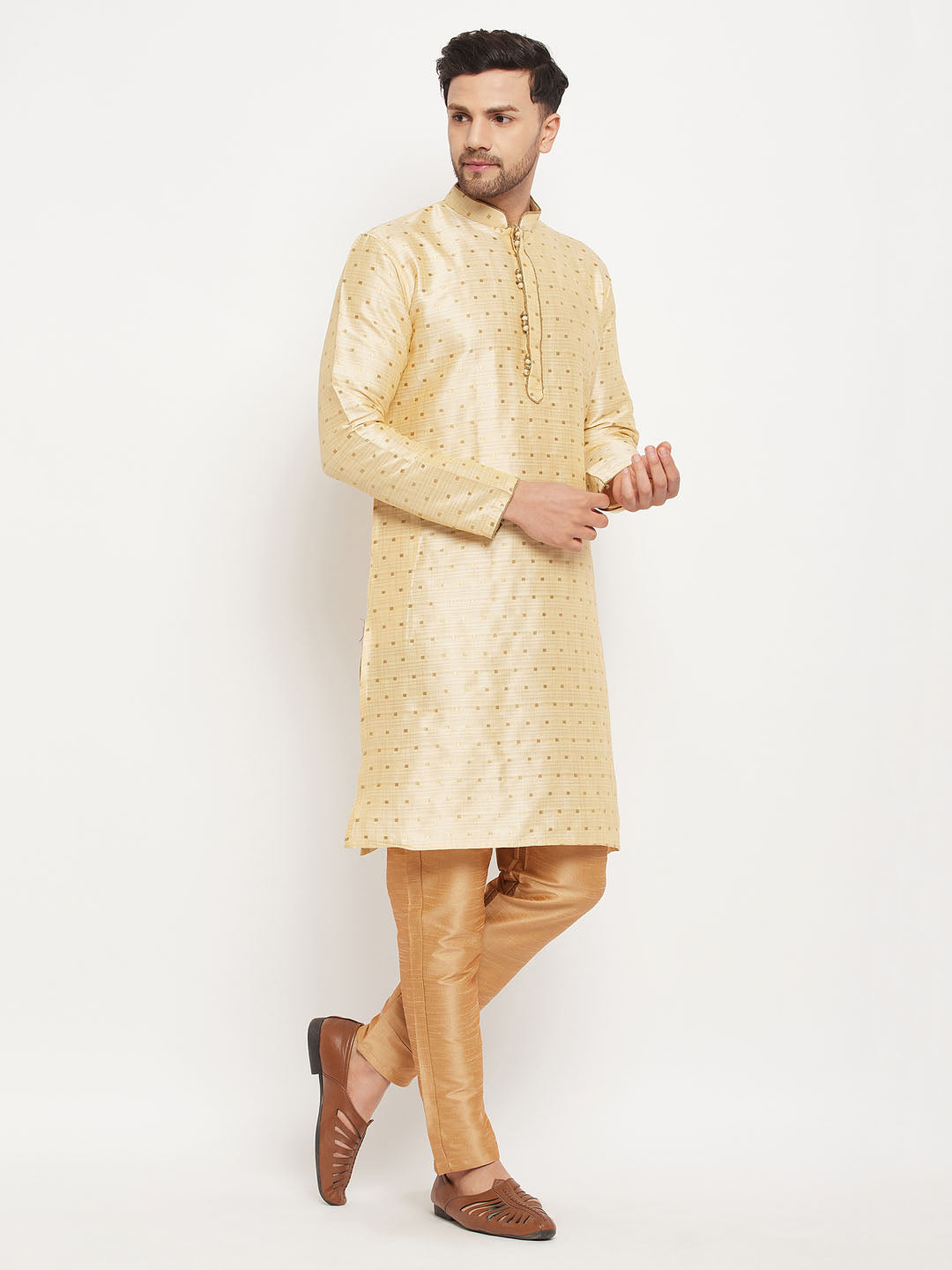 VM by Vastramay Men's Gold And Rose Gold Silk Blend Kurta Pyjama Set - Distacart