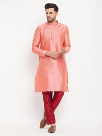 Thumbnail for VM by Vastramay Men's Pink And Maroon Silk Blend Kurta Pyjama Set - Distacart