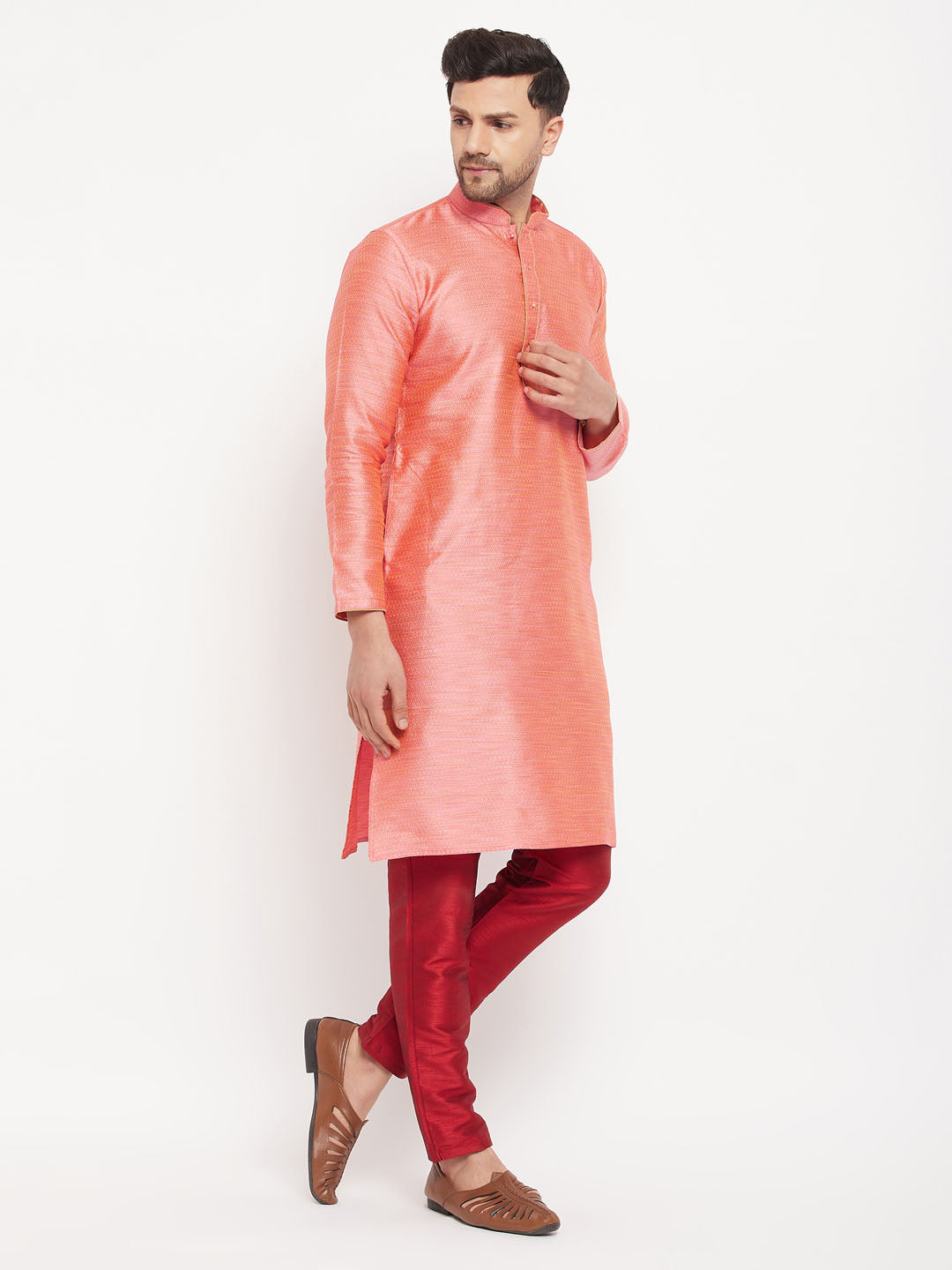 VM by Vastramay Men's Pink And Maroon Silk Blend Kurta Pyjama Set - Distacart