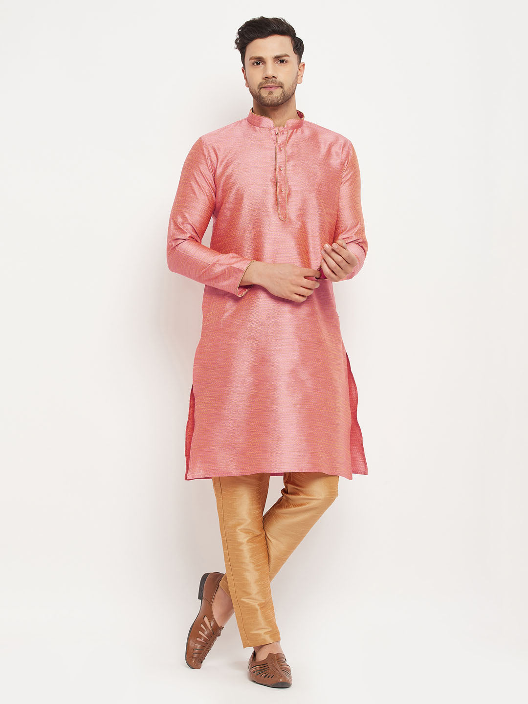 VM by Vastramay Men's Pink And Rose Gold Silk Blend Kurta Pyjama Set - Distacart