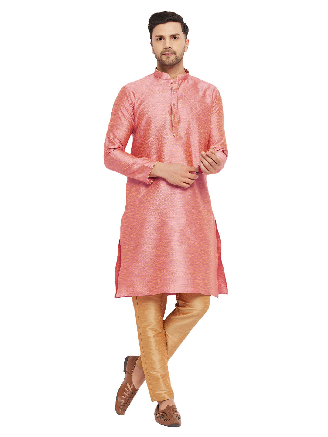 VM by Vastramay Men's Pink And Rose Gold Silk Blend Kurta Pyjama Set - Distacart