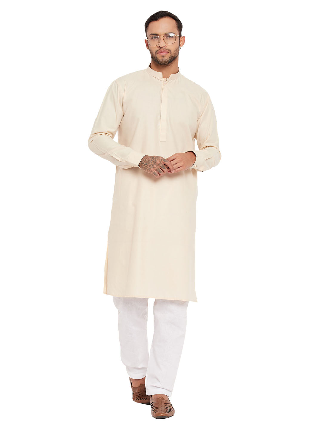 VM by Vastramay Men's Cream And White Cotton Blend Kurta Pyjama Set - Distacart