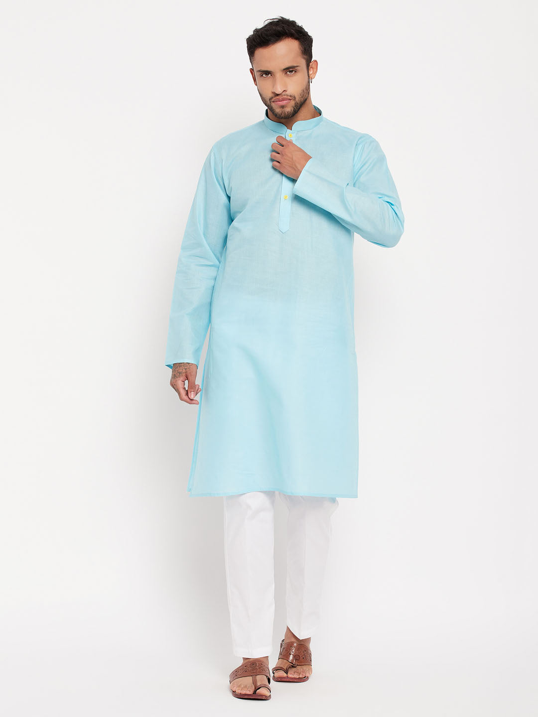 VM by Vastramay Men's Aqua And White Cotton Kurta Pyjama Set - Distacart