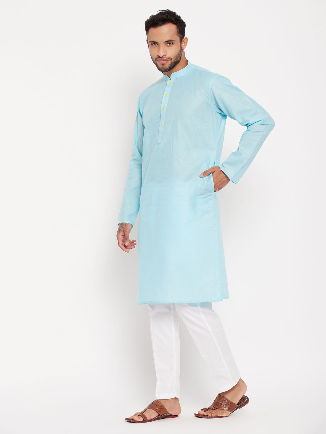 VM by Vastramay Men's Aqua And White Cotton Kurta Pyjama Set - Distacart
