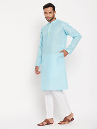 Thumbnail for VM by Vastramay Men's Aqua And White Cotton Kurta Pyjama Set - Distacart