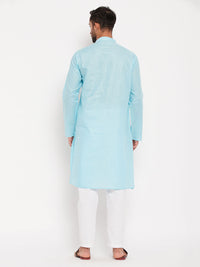 Thumbnail for VM by Vastramay Men's Aqua And White Cotton Kurta Pyjama Set - Distacart