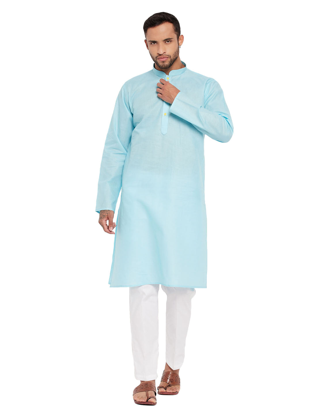 VM by Vastramay Men's Aqua And White Cotton Kurta Pyjama Set - Distacart