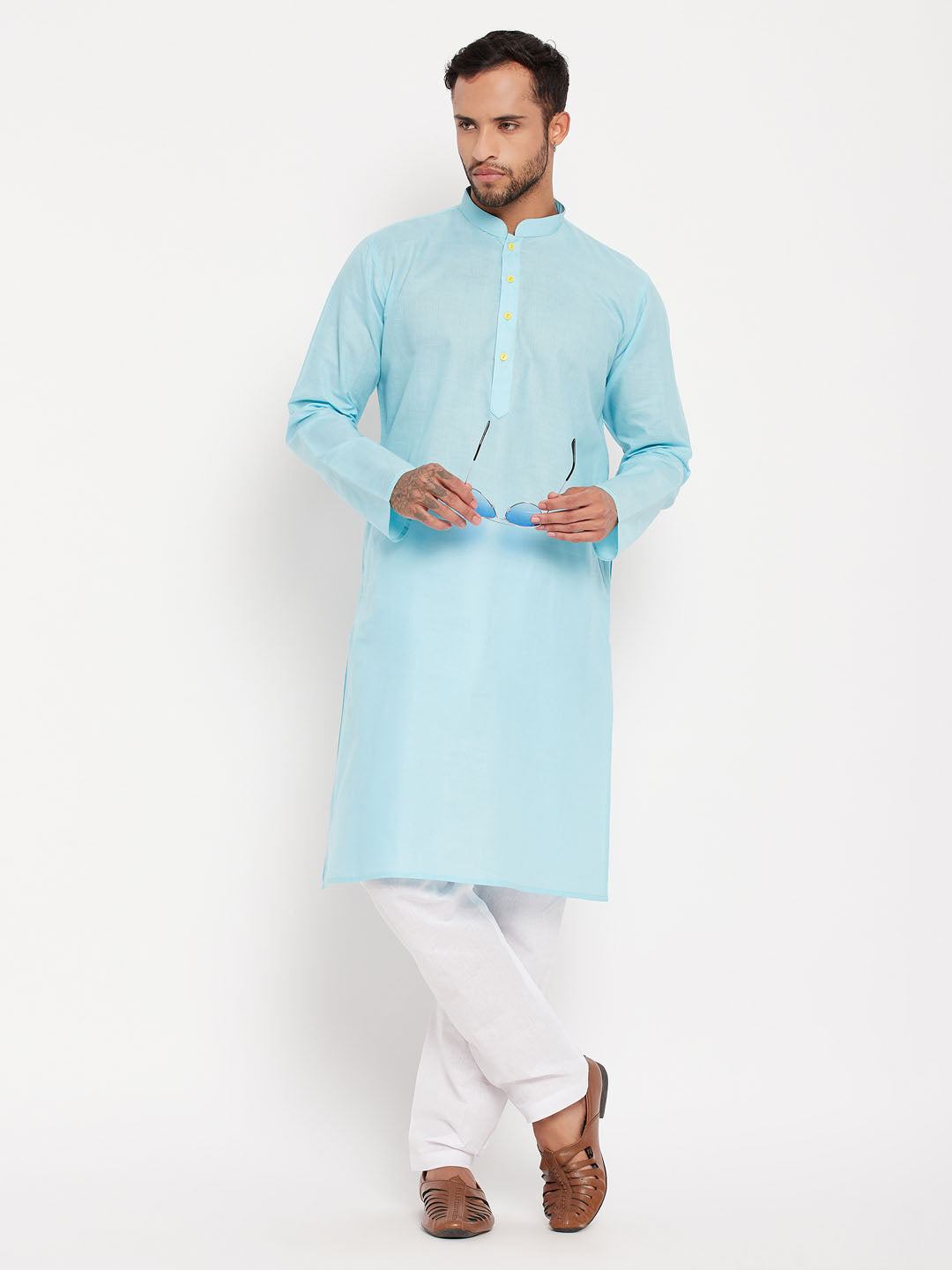 VM by Vastramay Men's Aqua And White Cotton Kurta Pyjama Set - Distacart