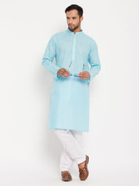 Thumbnail for VM by Vastramay Men's Aqua And White Cotton Kurta Pyjama Set - Distacart
