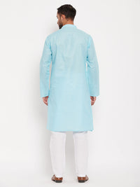 Thumbnail for VM by Vastramay Men's Aqua And White Cotton Kurta Pyjama Set - Distacart
