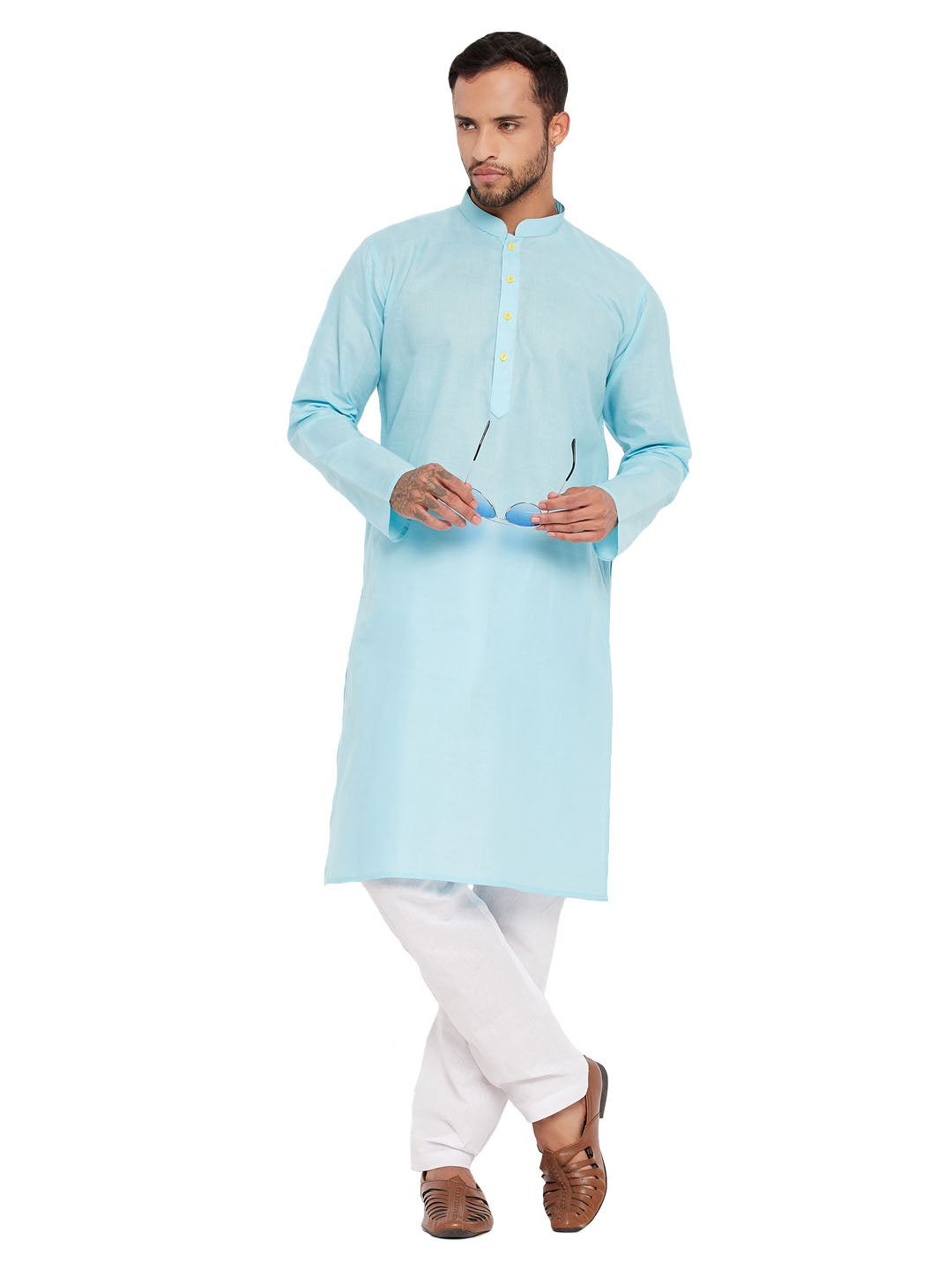 VM by Vastramay Men's Aqua And White Cotton Kurta Pyjama Set - Distacart