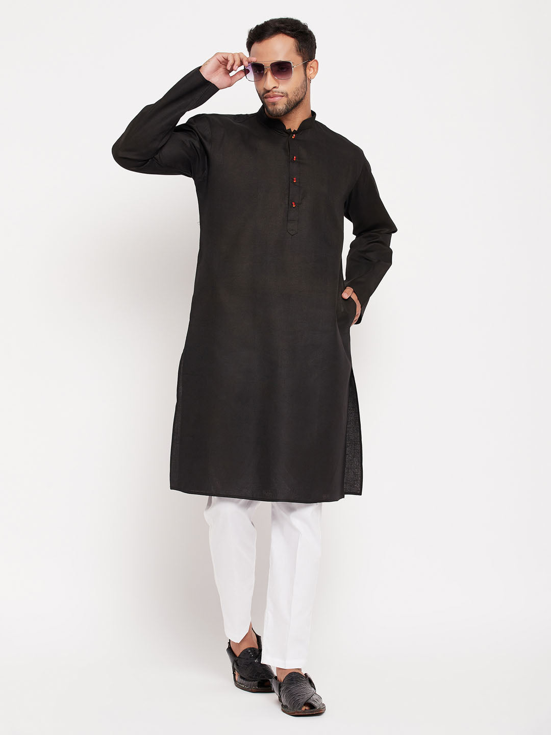 VM by Vastramay Men's Black And White Cotton Kurta Pyjama Set - Distacart