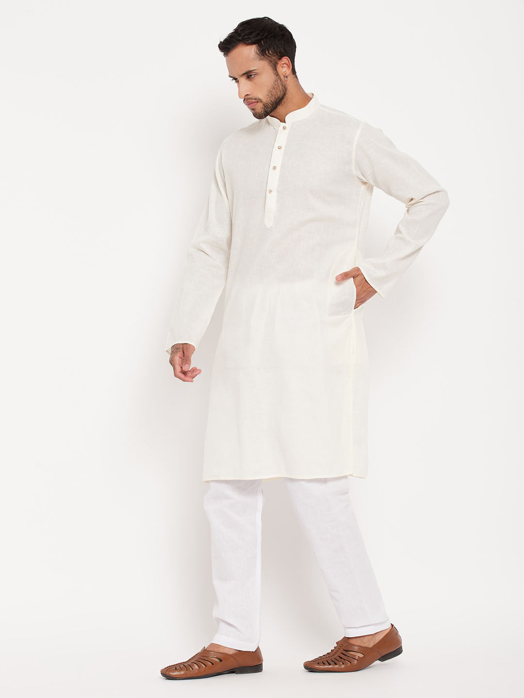 VM by Vastramay Men's Cream And White Cotton Kurta Pyjama Set - Distacart