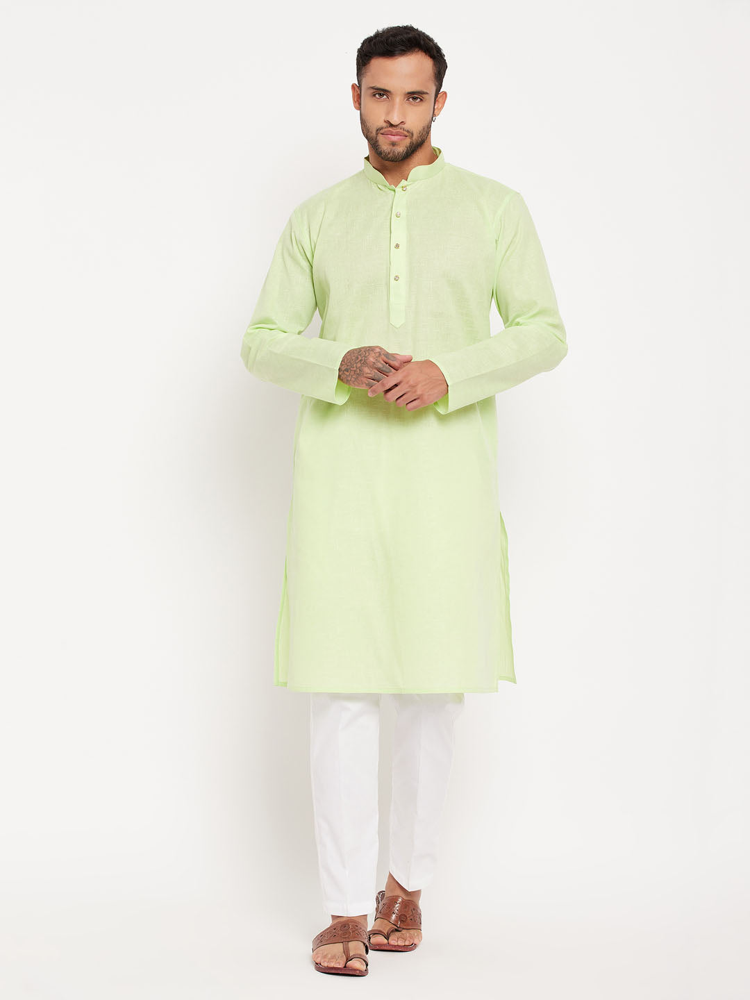 VM by Vastramay Men's Green And White Cotton Kurta Pyjama Set - Distacart