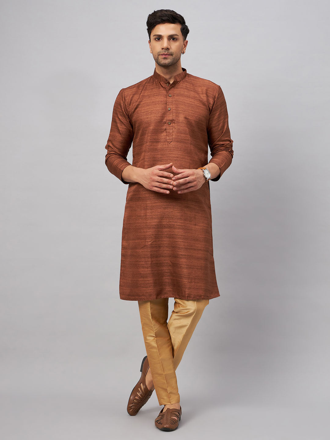 VM by Vastramay Men's Coffee And Rose Gold Silk Blend Kurta Pyjama Set - Distacart
