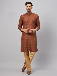 Thumbnail for VM by Vastramay Men's Coffee And Rose Gold Silk Blend Kurta Pyjama Set - Distacart