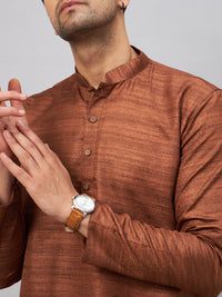 Thumbnail for VM by Vastramay Men's Coffee And Rose Gold Silk Blend Kurta Pyjama Set - Distacart