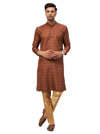 Thumbnail for VM by Vastramay Men's Coffee And Rose Gold Silk Blend Kurta Pyjama Set - Distacart
