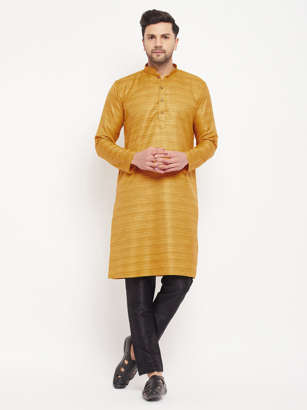 VM by Vastramay Men's Yellow And Black Silk Blend Kurta Pyjama Set - Distacart