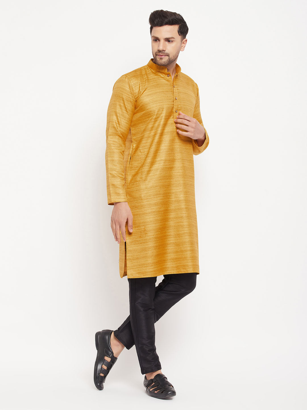 VM by Vastramay Men's Yellow And Black Silk Blend Kurta Pyjama Set - Distacart