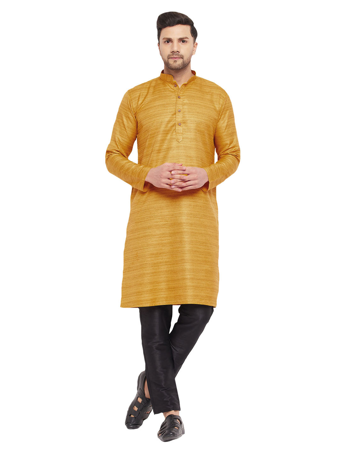 VM by Vastramay Men's Yellow And Black Silk Blend Kurta Pyjama Set - Distacart