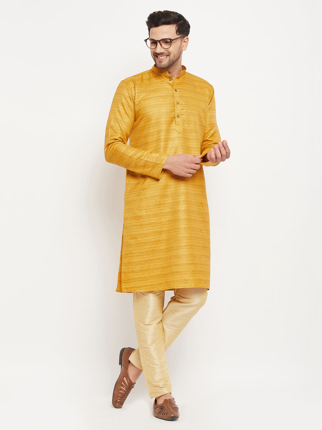VM by Vastramay Men's Yellow And Gold Silk Blend Kurta Pyjama Set - Distacart