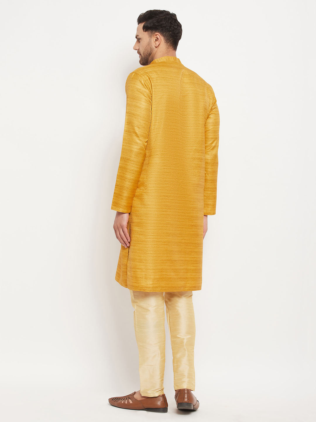 VM by Vastramay Men's Yellow And Gold Silk Blend Kurta Pyjama Set - Distacart